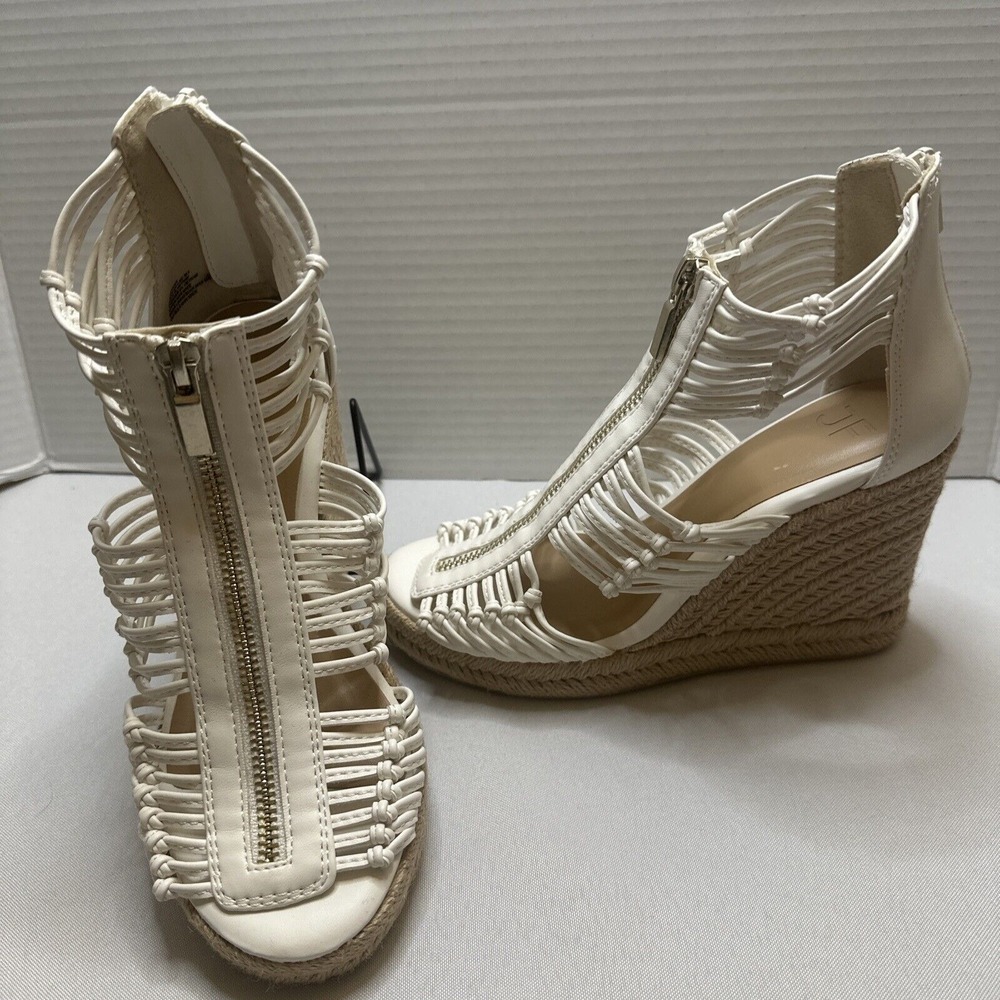JustFab White Woven Zip-Front Espadrille Wedge Sandals